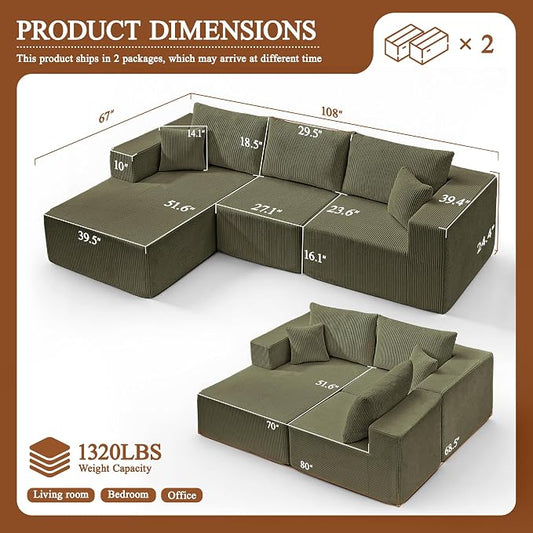 Modular Sectional Sofa for Living Room, 108" Cloud Couch Sectional with L-Shape Chaise, Modern Upholstered Corduroy Boneless Couch with Memory Foam Deep Seat, No Assembly Required (Green)
