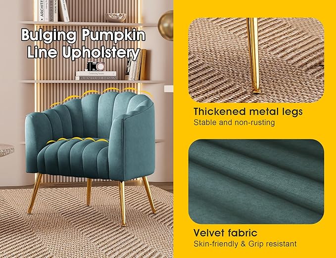 Dewhut Oversized Pumpkin Couch Accent Chair, Modern Comfy Velvet Upholstered Barrel Chairs, Luxury Single Sofa Armchair for Living Room, Waiting Room, Office and Vanity, (Blue)