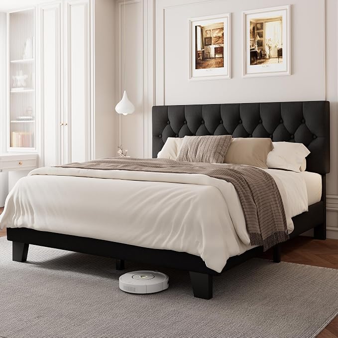Einhomn Full Upholstered Bed Frame with Headboard, Button Tufted Linen Bed Base, Platform Bed with Wood Slat, Heavy Duty, Easy Assembly, No Box Spring Needed, Black