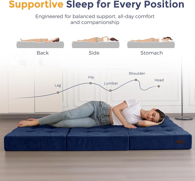 MAXYOYO 6" Folding Sofa Bed for Floor, Tufted Tri-Fold Floor Mattress with Chenille Fabric, Queen Size Portable Sofa Couch Guest Mat for Adults, Foldable Topper for Camping, Navy, 59"x78.7"
