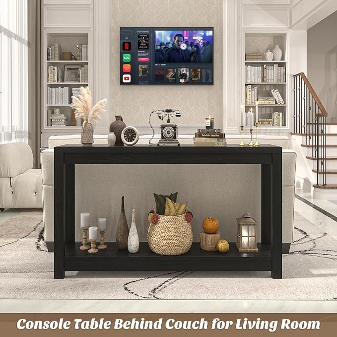 Besiost 47" Farmhouse Wood Entryway Table Narrow Console Table with Storage Behind Couch Sofa Table with Shelves for Entry Way with Open Storage, Easy Assembly, Embossed Wood Grain Black