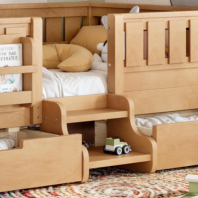 Bellemave Twin Floor Bed with Stairs, Rails and Slats, Twin Size Montessori Floor Bed with Bookshelf and 2 Storage Drawers, Easy Assemble Montessori Beds Frame for Girls, Boys, Deep Natural