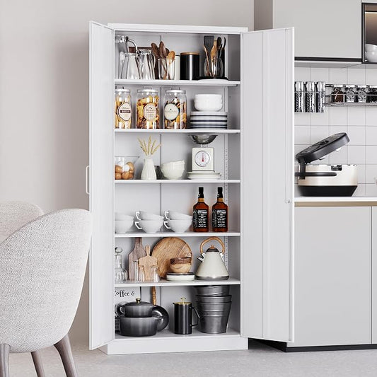 White Metal Storage Cabinet with 2 Doors and 6 Shelves,71" Tall Metal Cabinet with Lock,Lockable Garage Storage Cabinets,Locking File Cabinet,Steel Tool Cabinets for Home,Office,Garage,Shop