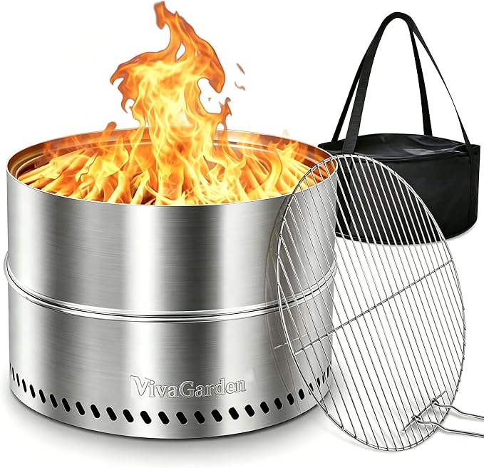 19.5 Inch Outdoor Smokeless Fire Pit, Portable Wood Burning Fire Pit with Grill Rack, Removable Ash Pan and Carry Bag for Camping, Backyard & Patio