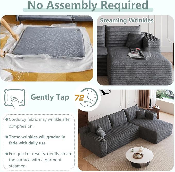 95" Modular Sectional Sofa, Modern Corduroy Cloud Couch with Side Pockets, Boneless Couch Upholstered 3-Seater L-Shaped Sofa for Living Room, No Assembly Required (Dark Gray,Right-Facing Chaise)