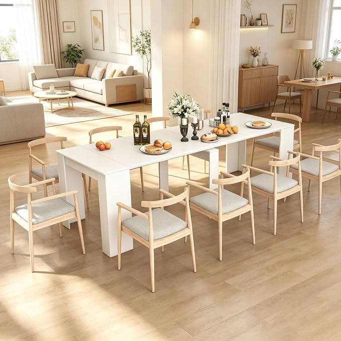 Expandable Dining Room Table, Extendable Table for 10-12 People, Folding Console Table, Space Saving Kitchen Table for Apartment, Pure White