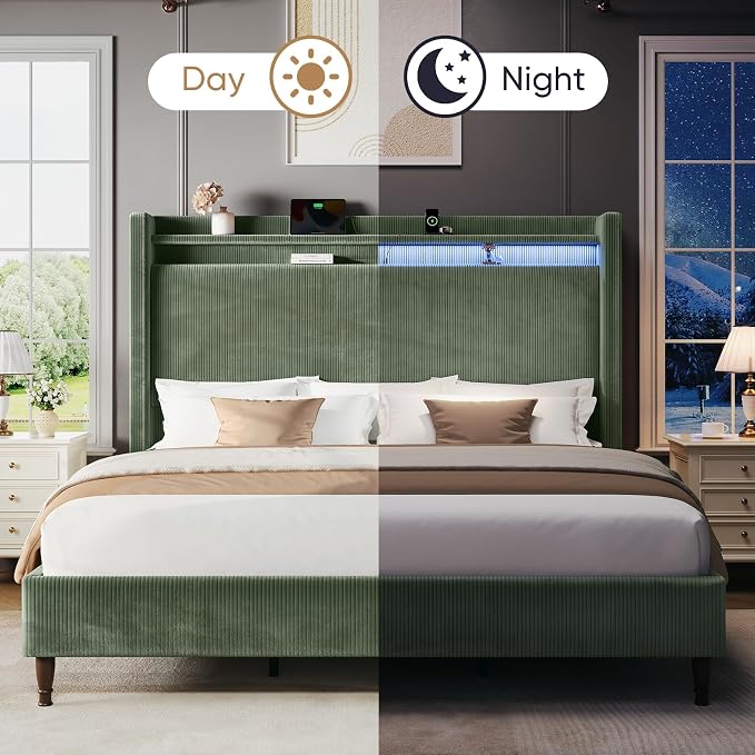 King Size Bed Frame with Tall Headboard, 55.3" Upholstered Platform King Bedframe with Wingback Storage Headboard, Charging Station & LED Lights, No Box Spring Needed, Wooden Slats, Corduroy, Green