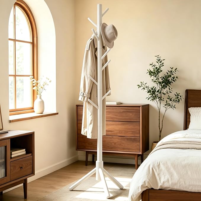 2 PC Wooden Coat Rack Freestanding with 8 Hooks & 3 Adjustable Sizes for Clothes, Space-Saving Design for Bedroom Office Entrance Holds Hats Coats Scarves Bags
