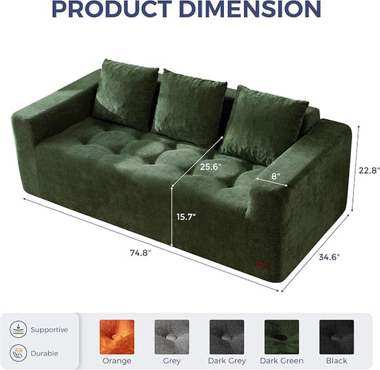 MAXYOYO Modular Sofa Couch, 75" Oversized Loveseat Boneless Cloud Couch with Deep Seat, Chenille Upholstered Living Room Comfy Sofa Chair for Living Room, No Assembly Required, Dark Green