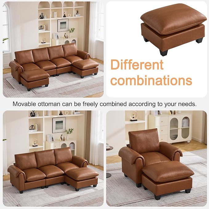 118" Faux Leather Modular Sectional Sofa with 2 Ottoman, Oversized 4 Seater Couch with Curved Armrests, Cloud Modern U-Shaped Sofa Deep Seat for Living Room, Brown