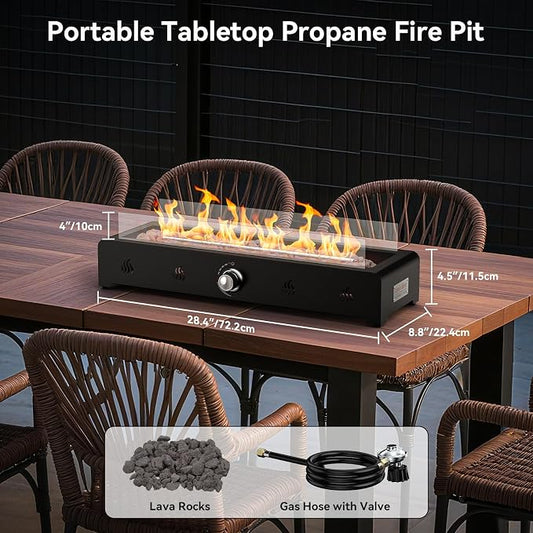 Onlyfire 28'' Tabletop Fire Pit Table, Propane Gas Firepit Bottom Mounted for Table with Umbrella Hole, Glass Wind Guard and Lava Rock, Outdoor Rectangular Smokeless Fireplace