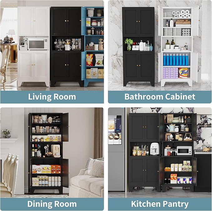 69" Tall Metal Pantry Cabinet with Microwave Stand,Microwave Storage Cabinet with 4 Doors & 3 Adjustable Shelves for Kitchen (4doors-White, 13.78" D x 27.54" W x 68.9" H)