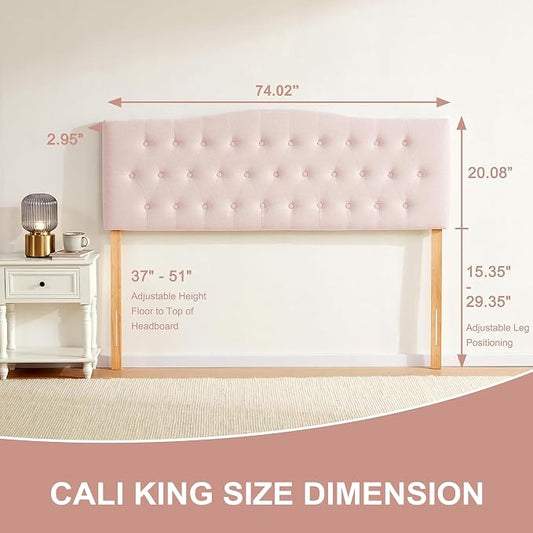 Tufted Headboard California King Size, Sturdy Solid Wood Head Board, Pink | Upholstered California King Headboard with Solid Wood Legs, Adjustable Height 37-51 in, Fabric Button Diamond HeadBoards