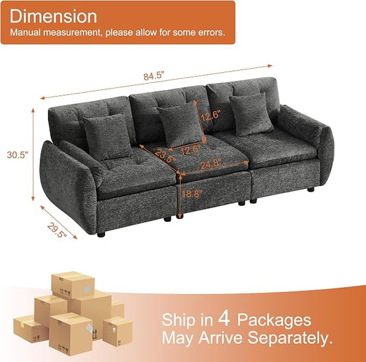 84" Modular Cloud Sofa, Deep Seat Tufted Chenille 3-Seater Sectional Couch with Curved Arms, Comfy Sofas for Living Room, Dark Grey