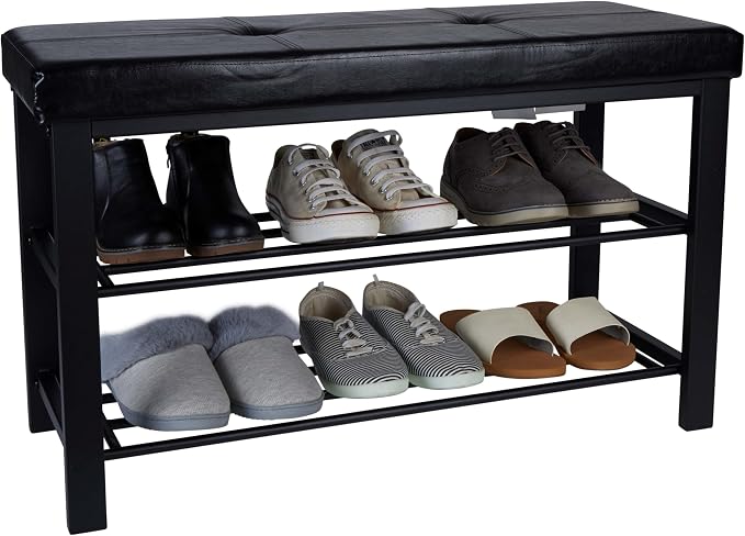 Simplify Storage Bench, Shoe Rack, Ottoman, Tufted, Padded Seating for Entryway, Bedroom, Closet & Hallway, Black