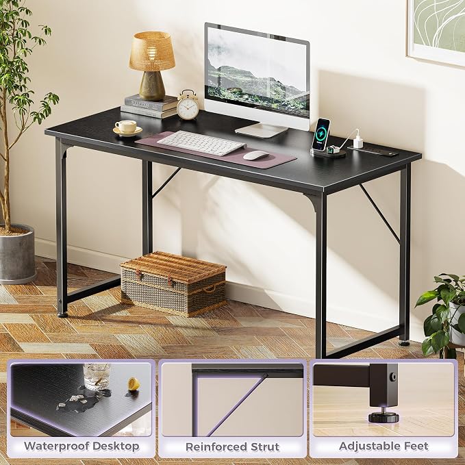 PRAISUN 47 X 20 Inch Office Computer Desk with Power Outlets and USB-C Port, Larger Gaming Desk, for Home Office, Study, Bedroom, Writing Work from Home Table, Metal Frame, Black