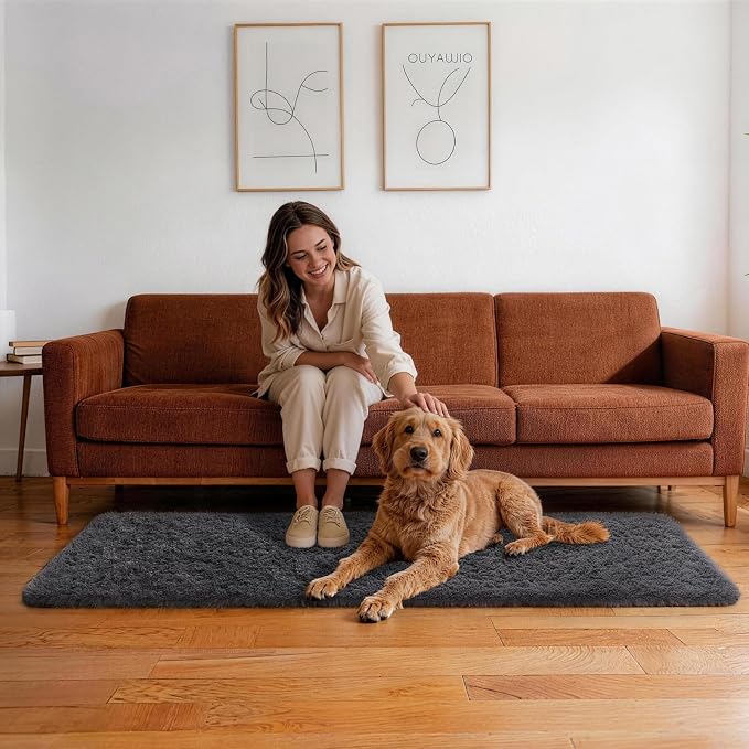 Ophanie Runner Rug for Hallway,2x7 Washable Non-Slip Fluffy Soft Bedside Rugs,Bedroom Living Room Shaggy Carpet for Kids Girls Boys Dorm Nursery Home Decor Aesthetic Grey with Over 99 pcs Pile fibers