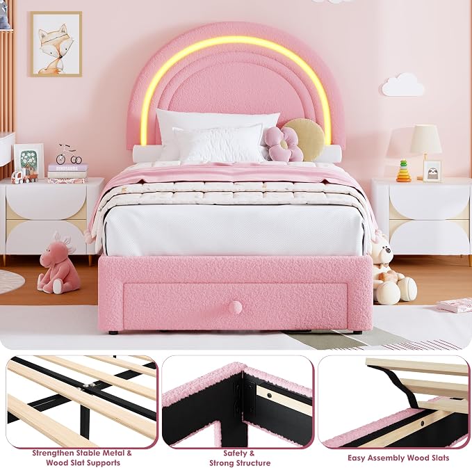 GarveeHome Twin Upholstered LED Bed Frame - with Storage Drawer and Rainbow Headboard, Berber Fleece Princess Platform Bed for Kids, Solid Wood Slats Support, No Box Spring Needed, Easy Assembly, Pink