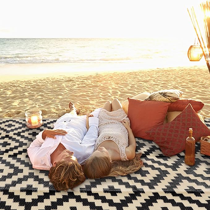 SAND MINE Waterproof Outdoor Rug 5x8 ft, Plastic Reversible Rug, Modern Area Rug, Large Floor Mat for Outdoors, RV, Patio, Backyard, Deck, Picnic, Beach, Camping, Black & Beige