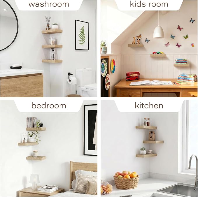 Oak Floating Shelves Set of 3,11.8 Inch Small Wall Shelves for Bathroom,Bedroom,Kitchen,Above Toilet Shelves