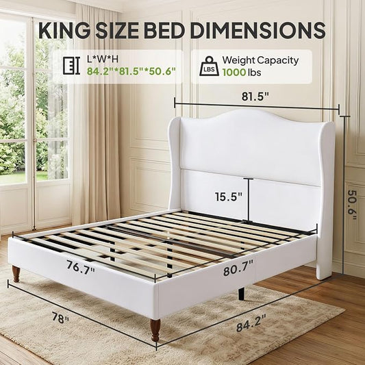 Welzona King Size Bed Frame 51" Tall Wingback Headboard, Soft Fabric Upholstered Platform Bed with Solid Wood Legs and Wooden Slats Support, No Box Spring Needed, Easy Assembly,White