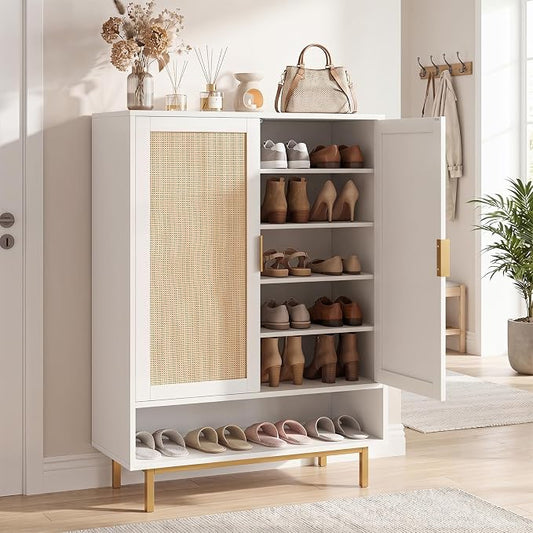 LOKO Shoe Storage Cabinet with 2 Doors, 6-Tier Rattan Shoe Organizer with Adjustable Shelves & Open Compartment, Freestanding Hidden Shoe Cabinet for Entryway, Closet & Living Room (White)