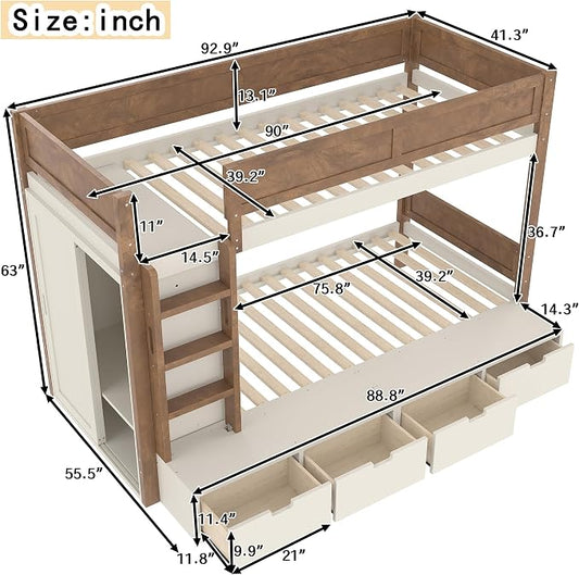 Bellemave Twin Over Twin Bunk Bed with Storage Drawers,Solid Wood Bunk Bed with Built-in Wardrobe,Storage Shelf and Safety Guardrails for Kids Girls Boys,Beige & Natural