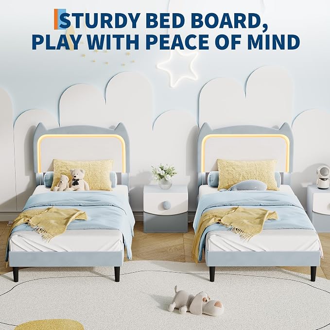 Garvee Twin Upholstered Bed Frame withCute Cat Headboard, Velvet Princess Platform Bed Frame with Sturdy Wood Slats Support for Girls/Kids, No Box Spring Needed, Blue