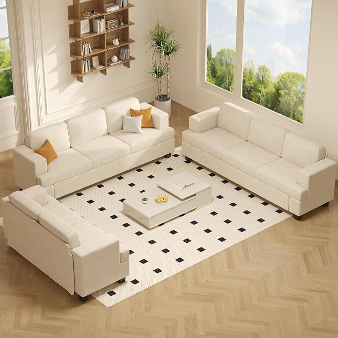 Apicizon 3 Pieces Couch Set Living Room Furniture Sets, Loveseat Sofa & 3 Seater Sofa Set of 3 for Bedroom, Comfy Chenille Couch Sleeper Sofa for Apartment Lounge, White Chenille