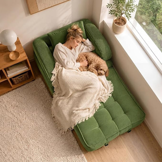 Folding Sofa Bed, Convertible Sleeper Chair with Armrests for Adults, Foldable Corduroy Boneless Bed, 3-in-1 Portable Futon Couch Floor Sofa with Pillow for Bedroom, Living Room, Dark Green