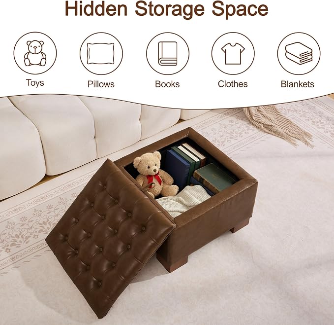 WUTUTUEE 24" Faux Leather Square Storage Ottoman with Wooden Tray, Modern Tufted Button Footstool Coffee Table, Upholstered Small Ottoman for Living Room, Bedroom, Coffee
