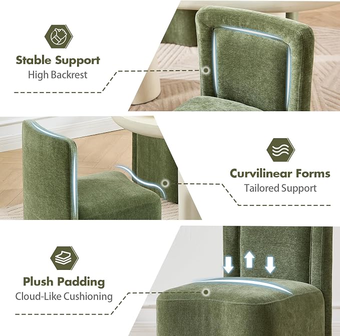 Hyfirm Upholstered Dining Chairs Set of 2, Mid-Century Scandinavian Parsons Armless Chairs with Plush Seat Cushion for Diningroom Bedroom Livingroom Reading Room,Green Fabric