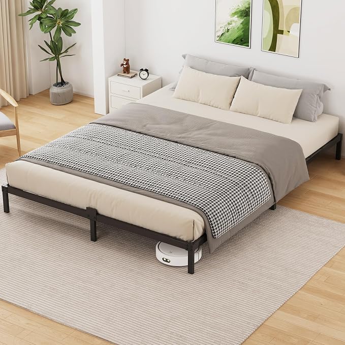 6 Inch Low Profile Queen Size Bed Frame, Noise-Free Heavy Duty Metal Platform with Mattress Stopper, No Box Spring Needed, Easy Assembly Steel Support, Black