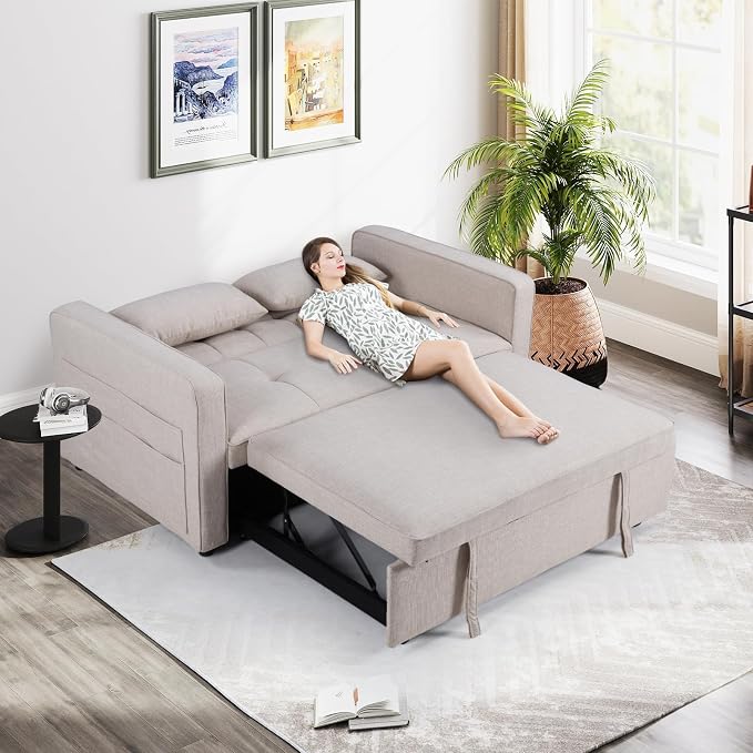 HAOMARKETS 3 in 1 Convertible Sleeper Sofa Bed, Loveseat Chaise Lounge with Pullout Bed, 2-Seater Futon Couches with Storage Pockets, 3-Level Adjustable Backrest and Pillows for Living Room, White