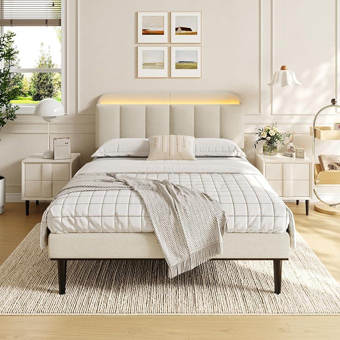 Adjustable Headboard for Full/Queen Size Bed Frame, Linen Fabric Bed Headboard with Storage & RGB LED Light in Modern Vertical Channel Design, White