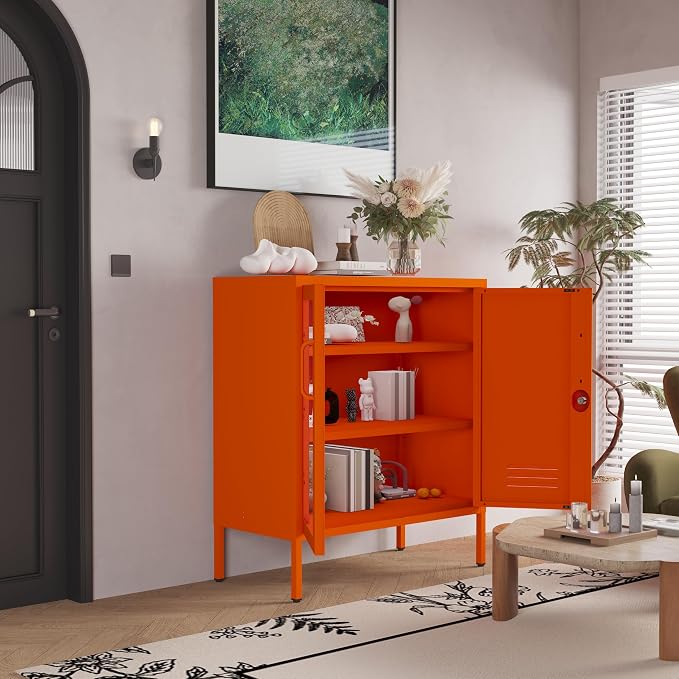 Lockable Metal Storage Cabinet Locker Adjustable Shelves, Modern Cabinets Versatile Storage Lockers Easy Assembly Durable Metal Sideboard Furniture for Living Room Home Office Orange