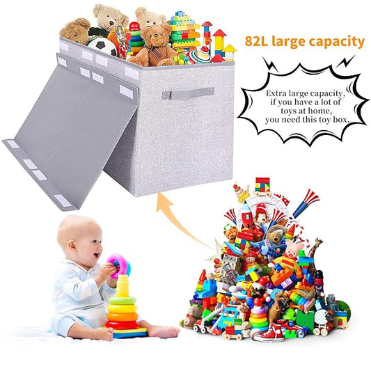 Pantryily Large Toy Box Chest Storage Organizer with Lid,Collapsible Kids Toys Boxes Basket Bins with Sturdy Handles for Boys and Girls, Nursery, Playroom, Closet 25"x13" x16" (Light Grey)