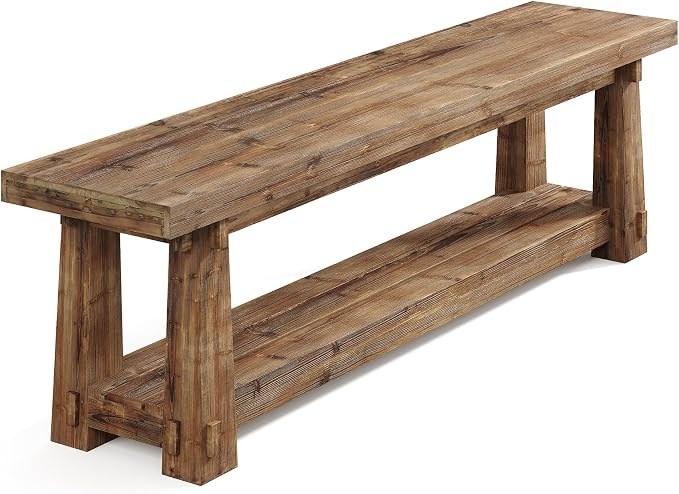 55" Solid Wood Entryway Bench with Shoe Storage, Rustic Charred Wood Grain Foyer Bench with Open Shelf for Hallway, Mudroom, Bedroom, Easy Assembly