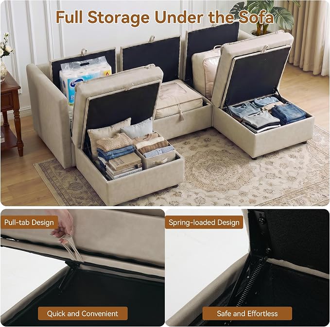 80" Beige Faux Leather Storage 3 Seater Sofa with 2 Ottomans, Comfy Couch | Convertible Modular Sectional Sofa, U Shaped Oversized Couch, Upholstered Large Cloud Couch For Living Room, Apartment.
