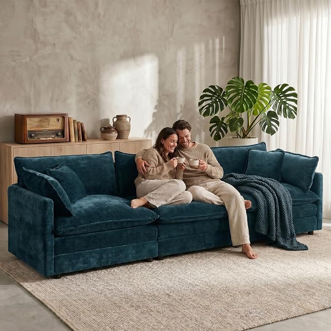 GNIXUU 111.5“ Chenille Modular Sectional Sofa with Movable Ottoman, Comfy Cloud Couch, Deep Seat, 3 Seater Sectional Couches for Living Room, Apartment, Office(Blue)