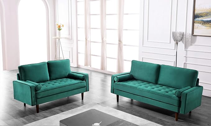 Container Furniture Direct Womble Mid Century Modern Soft Velvet Upholstered Tufted Seat with Bolster Pillows, Sofa, Lush Green