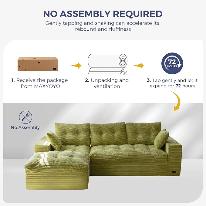 MAXYOYO 96" L Shaped Modular Sectional Sofa with Ottoman, Cloud Boneless Couch with Layered Cushion, Upholstered Sofa in a Box, Flexible Module Combination for Living Room, No Assembly, Green