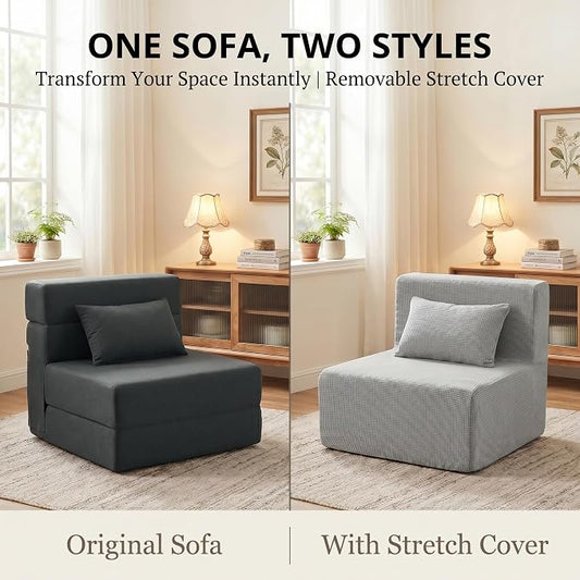 FILUXE Convertible Folding Sofa Bed-Sleeper Chair with Pillow, Modern Linen Fabric Floor Futon Couch, Foldable Mattress for Living Room/Guest Use/Apartment,Single,Dark Gray+ Gray Cover