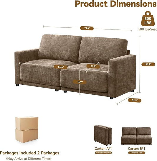 77.4" Chenille Modular Loveseat Oversized Upholstered 2 Seater Sectional Sofa with Thickened Cushions, Easy Assembly, Modern Comfy Love Seat Couch for Living Room, Brown