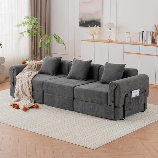 Cloud Modular Sectional Sofa, Foldable Floor Couch Bed, Convertible Sleeper Sofa Bed, Fold Out Boneless Couches for Living Room, Office, Guest Room, Apartment (3 Seater Couch, Grey)