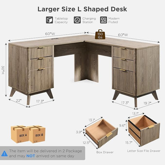T4TREAM 60'' Fluted Executive L Shaped Desk, Modern Home Office Desk with Charging Station and File Drawer, Computer Corner Desks with Drawers & Storage Cabinet for Office Home, Bedroom, Alder Grey