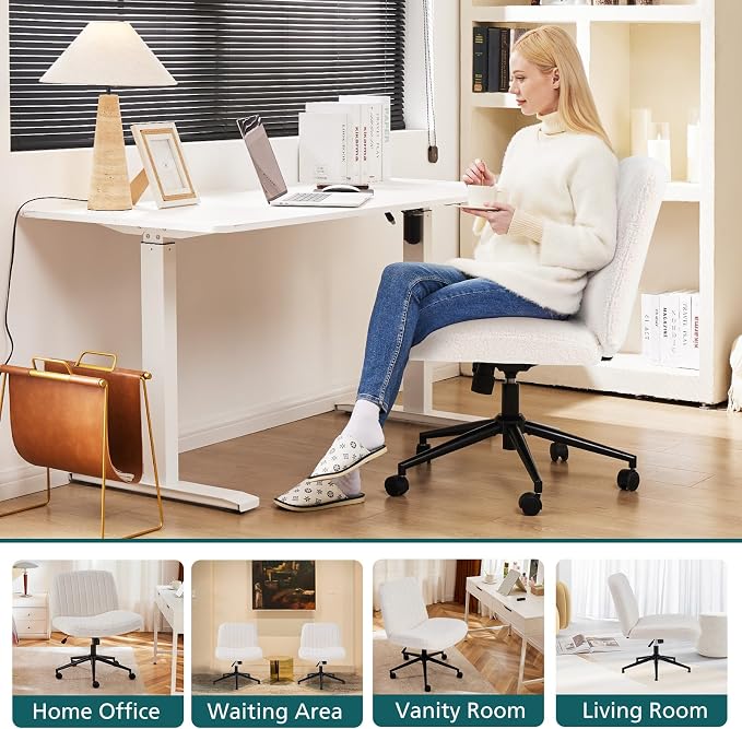 OLIXIS Criss Cross Chair with Wheels Wide Cross Legged Office Desk Vanity Chair Comfy Fabric Armless Adjustable Swivel for Home Computer Task Teddy Beige