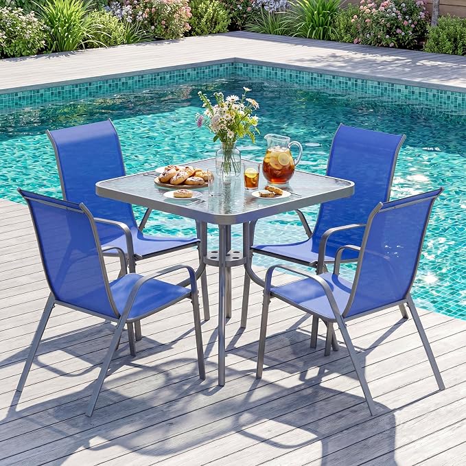 TLSUNNY Patio Dining Set 5 Pieces, All Weather Outdoor Furniture W/30"X 30" Table and 4 Stackable Textilene Chairs, Metal Table and Chairs for Lawn, Garden, Poolside, Backyard (Umbrella not Included)