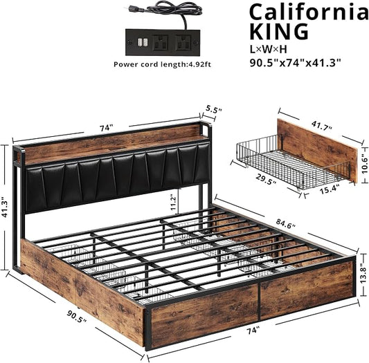 LIKIMIO California King Bed Frame with 4 Storage Drawers, Platform Bed with Charged Headboard, Sturdy and Stable, No Noise, No Box Spring Needed, Easy to Install, Vintage Brown and Black