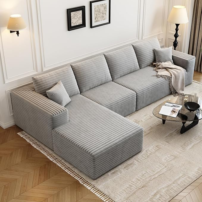 135.4" Cloud Modular Sectional Sofa Couch with L-Shape Chaise,Modern Minimalist Upholstered Couches for Living Room Bedroom,Deep Seat Corner Couch,No Assembly Required (Grey,Left Facing Chaise)